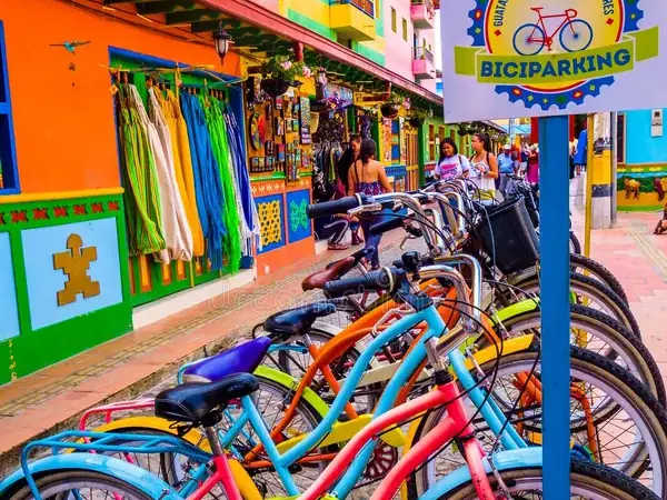 Bicicletas de colores alineadas en una calle de zócalos, listas para alquilar.