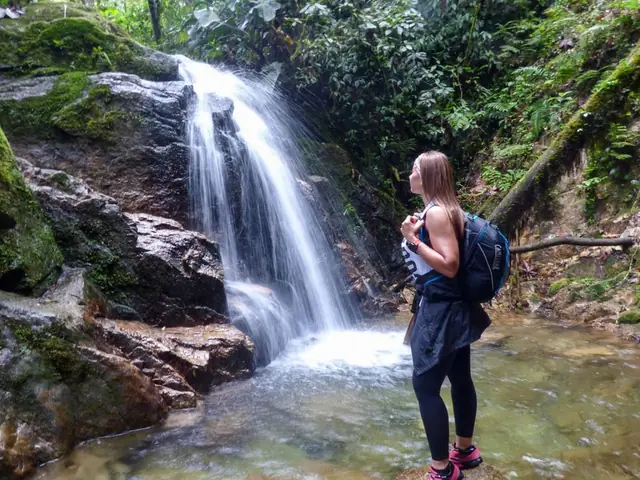 Una mujer frente a una cascada, en medio del bosque.