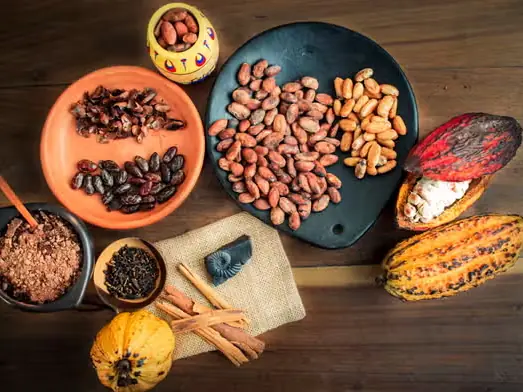 Mazorcas de cacao, granos y chocolate sobre una mesa de madera.